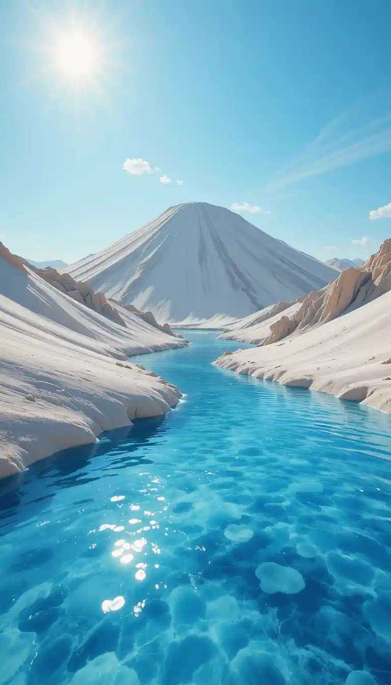 Surreal blue river flowing through a bright sandy desert