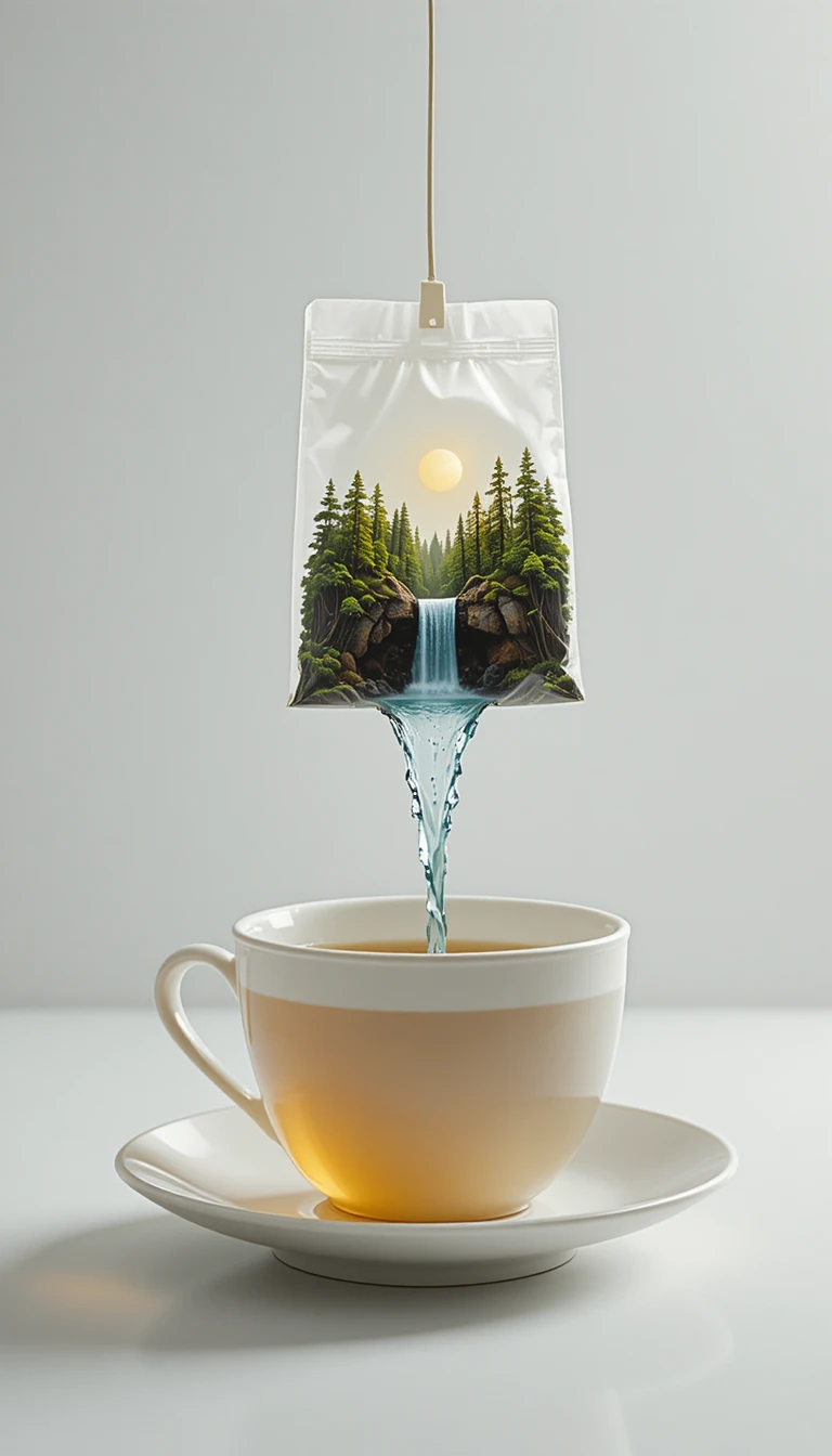 Surreal teabag forest waterfall pouring into a teacup