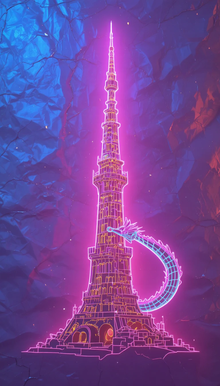 Minimalist girl and dragon tower in neon pink glow