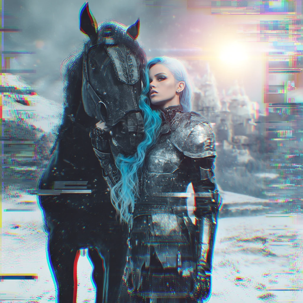 Cyberpunk warrior woman with cybernetic horse in the snow