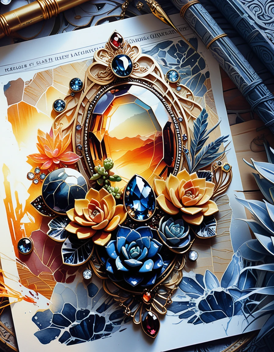 Colorful gemstone jewelry and succulents illustration on white