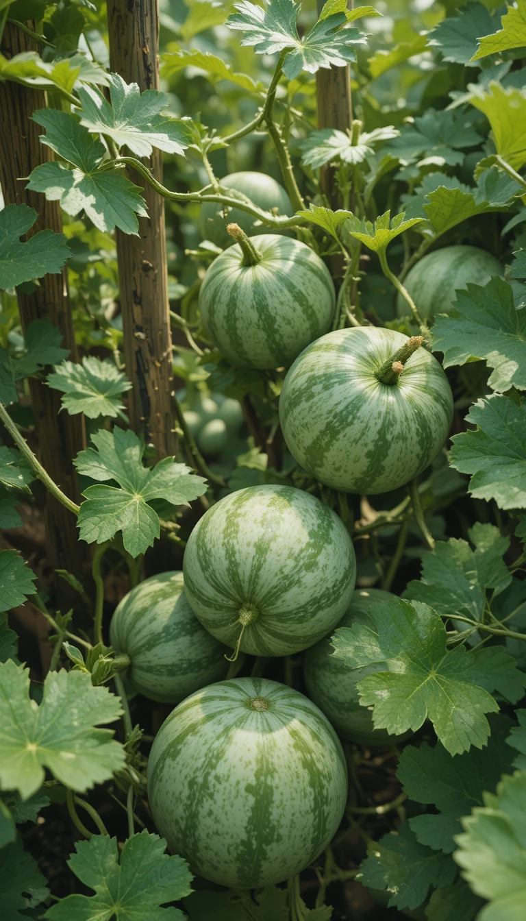 Birds eye view of small watermelons growing on a trellis