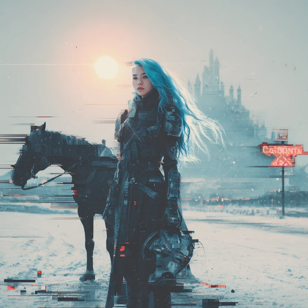 Cyberpunk woman with horse in a surreal snowy landscape