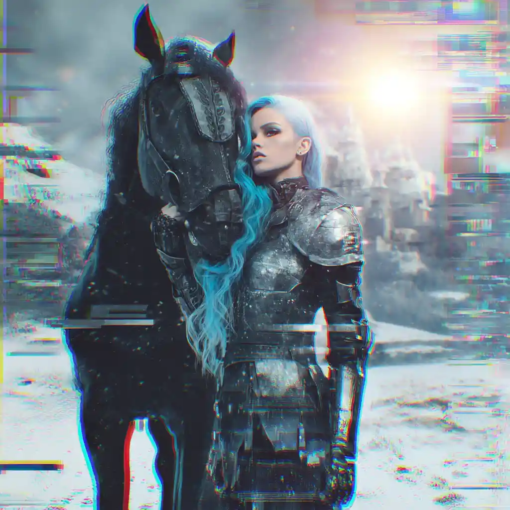Cyberpunk warrior woman with cybernetic horse in the snow