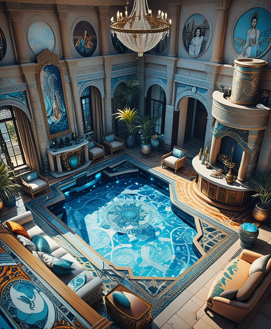 Isometric luxury stone villa interior in mountain landscape