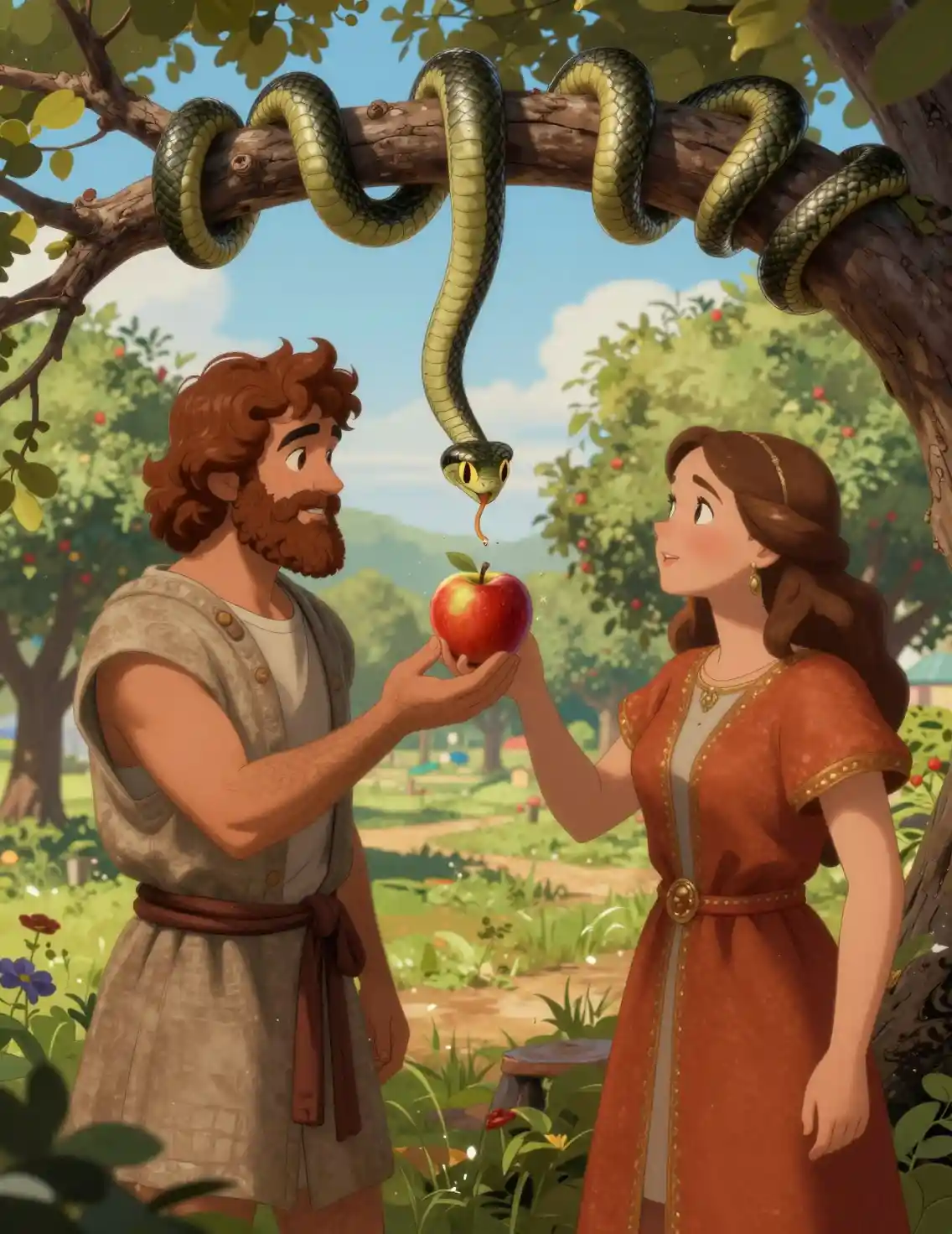 Adam and Eve with serpent offering apple in orchard