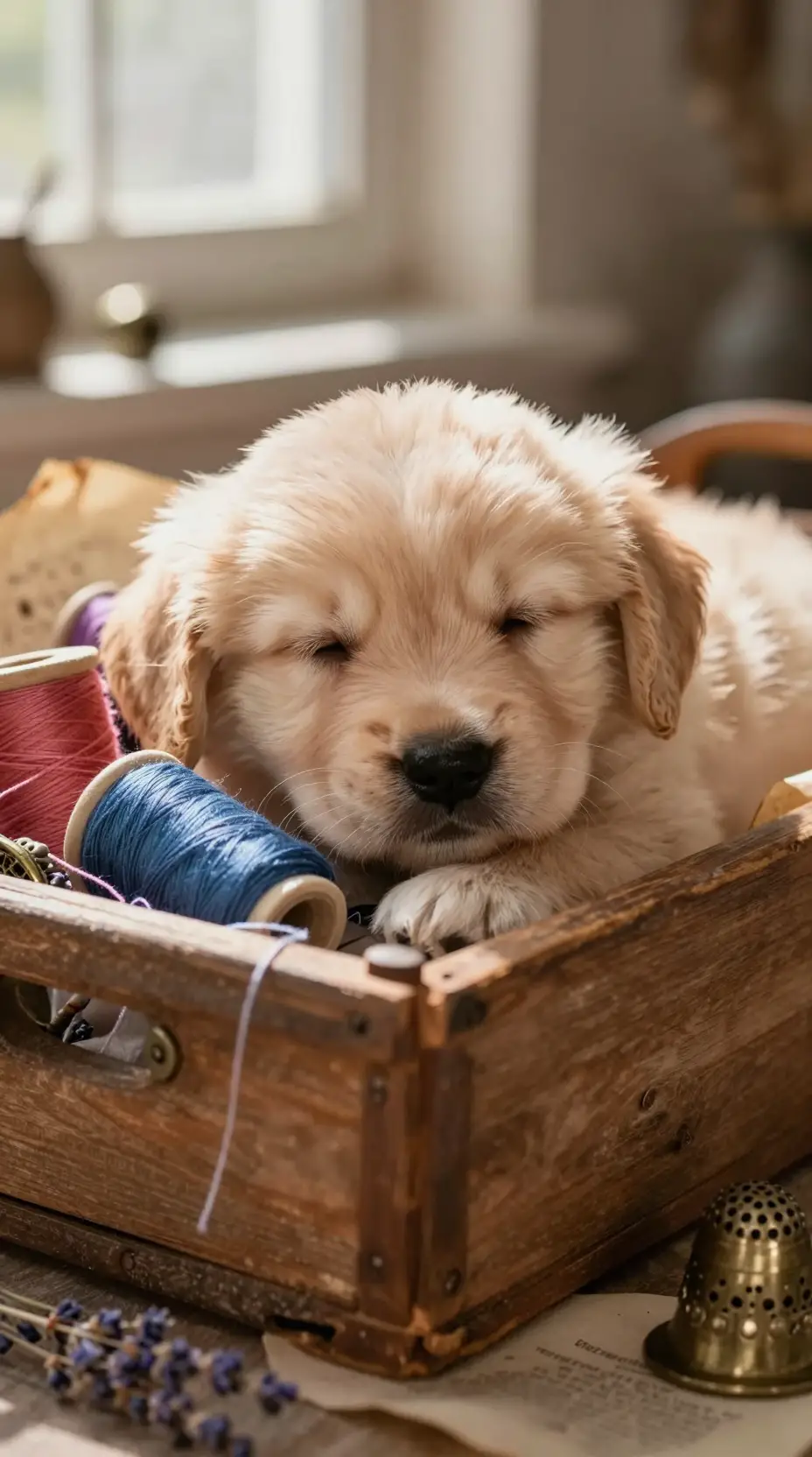 Sleeping golden retriever puppy in a rustic sewing basket