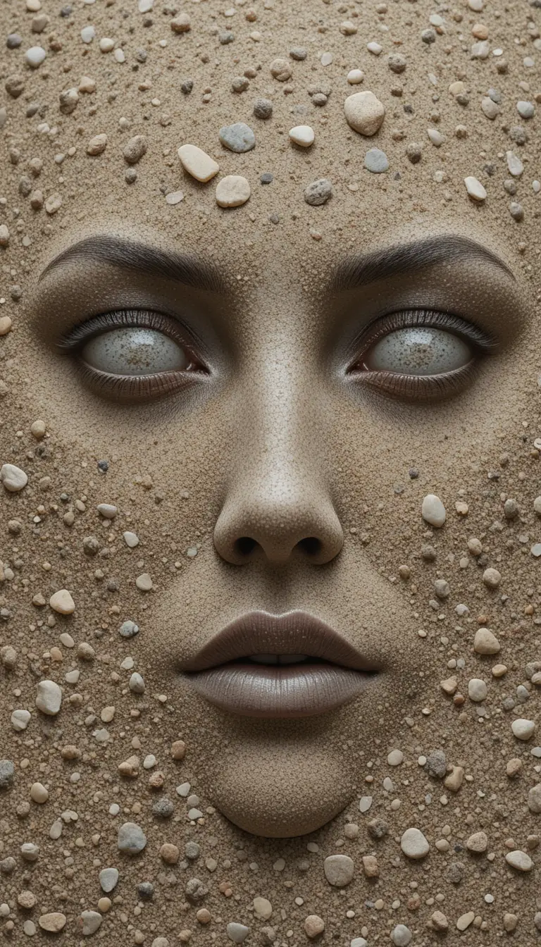 Stone and sand arranged into a stylized human face
