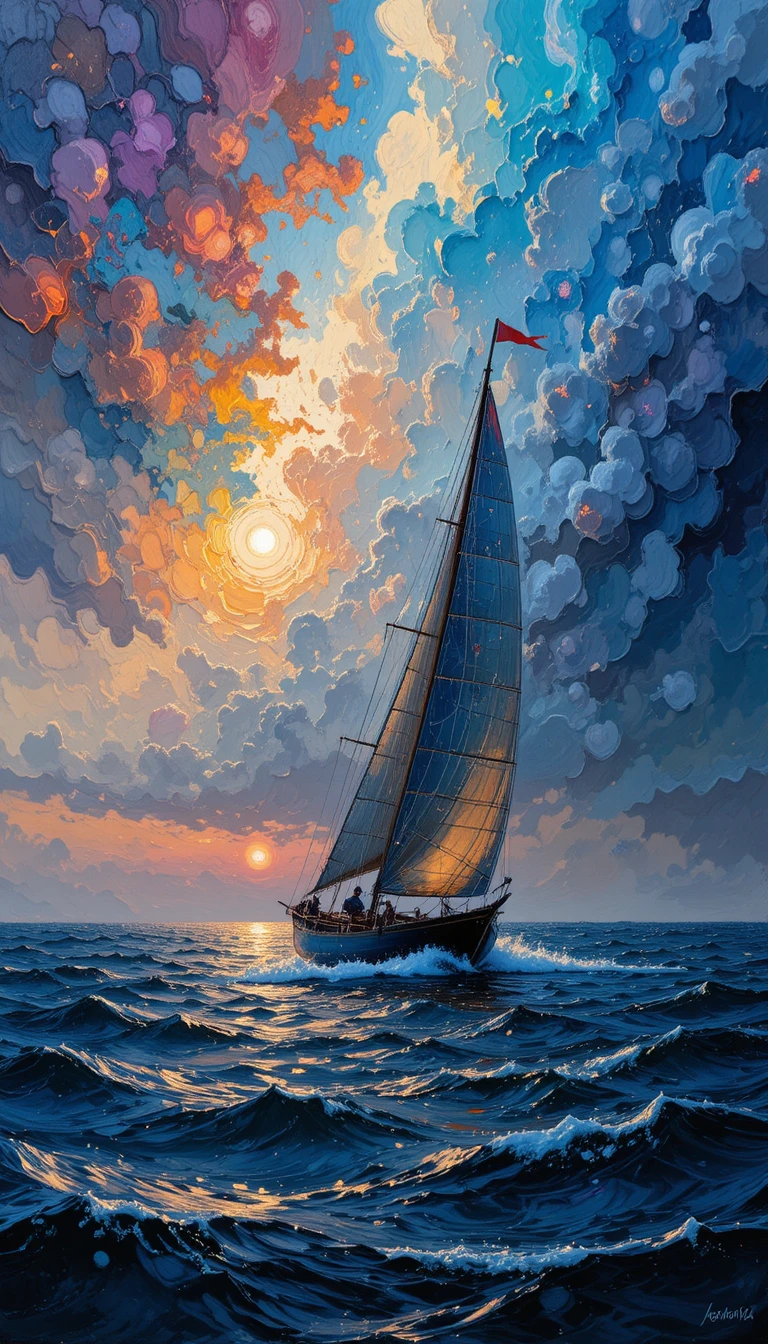 Impasto sailboat painting on a dramatic stormy sea