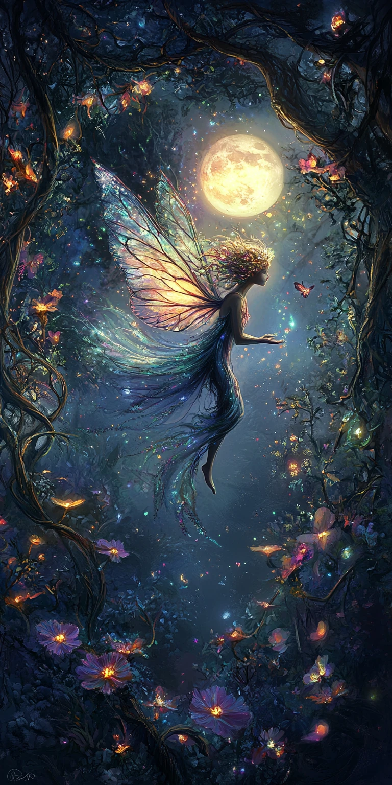 Glowing forest fairy hovering above luminous wildflowers
