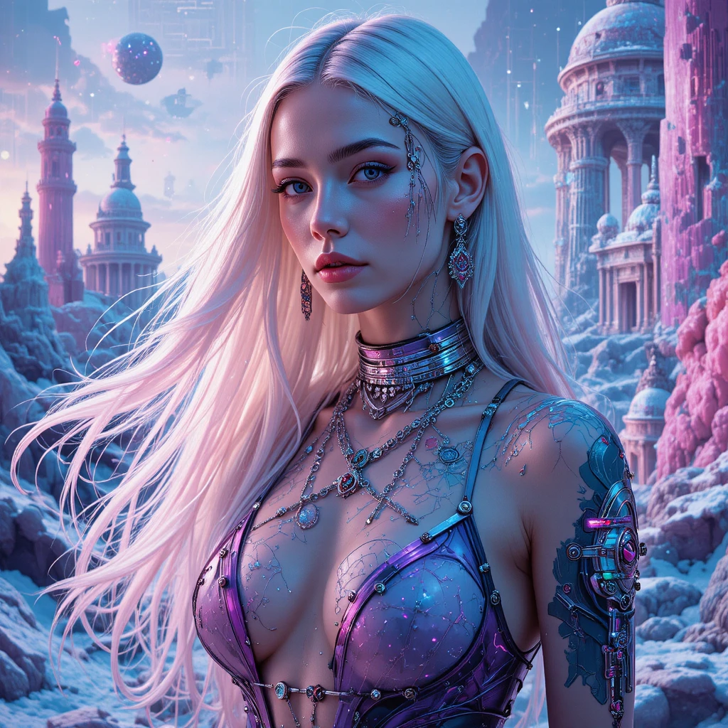 Cyberpunk heroine dissolving into crystalline glitch fragments