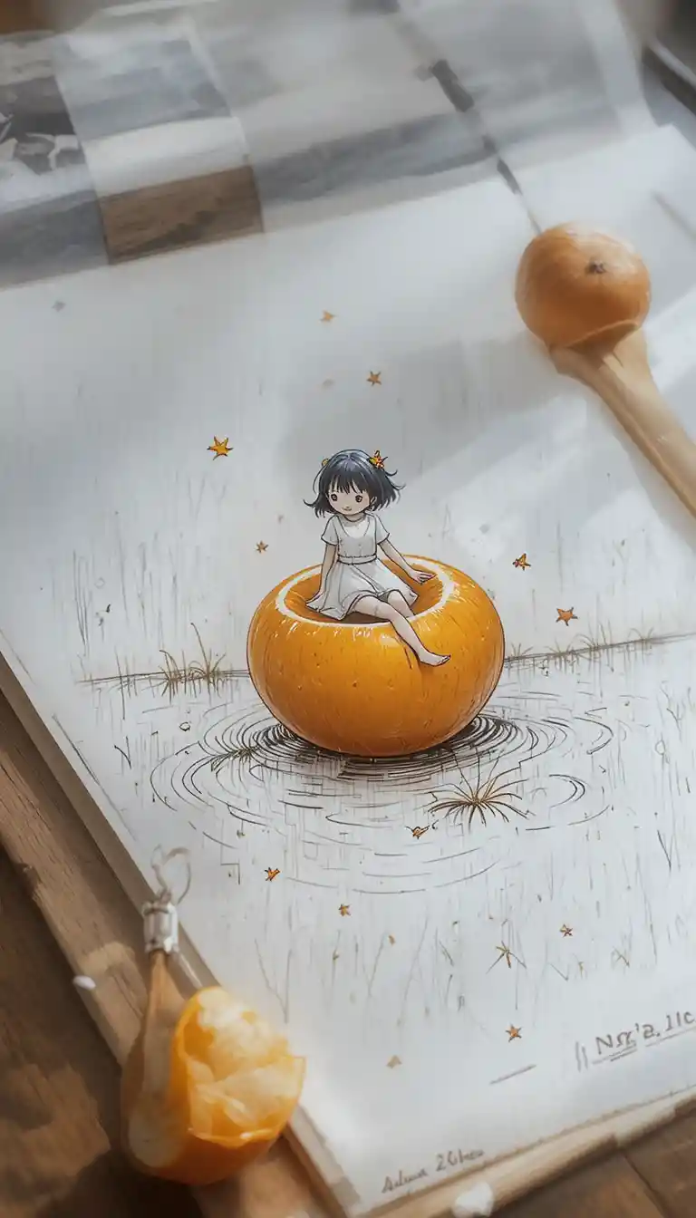 Whimsical girl floating on a tiny orange drawing