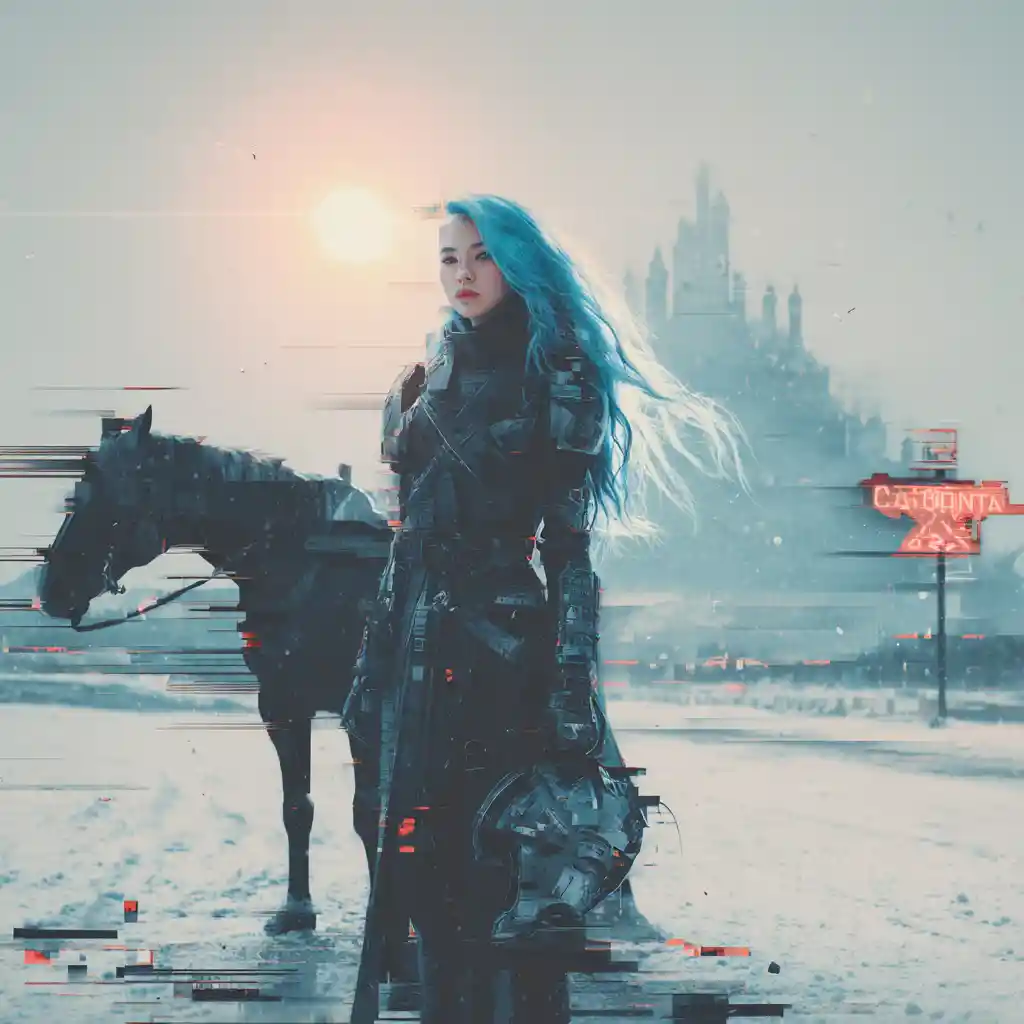 Donna cyberpunk con cavallo in un paesaggio innevato surreale