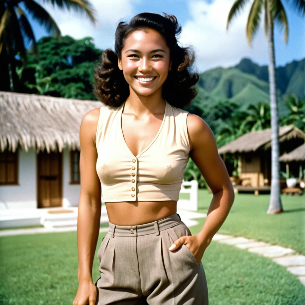 Mujer polinesia sonriente con pantalones de los años 40 al aire libre
