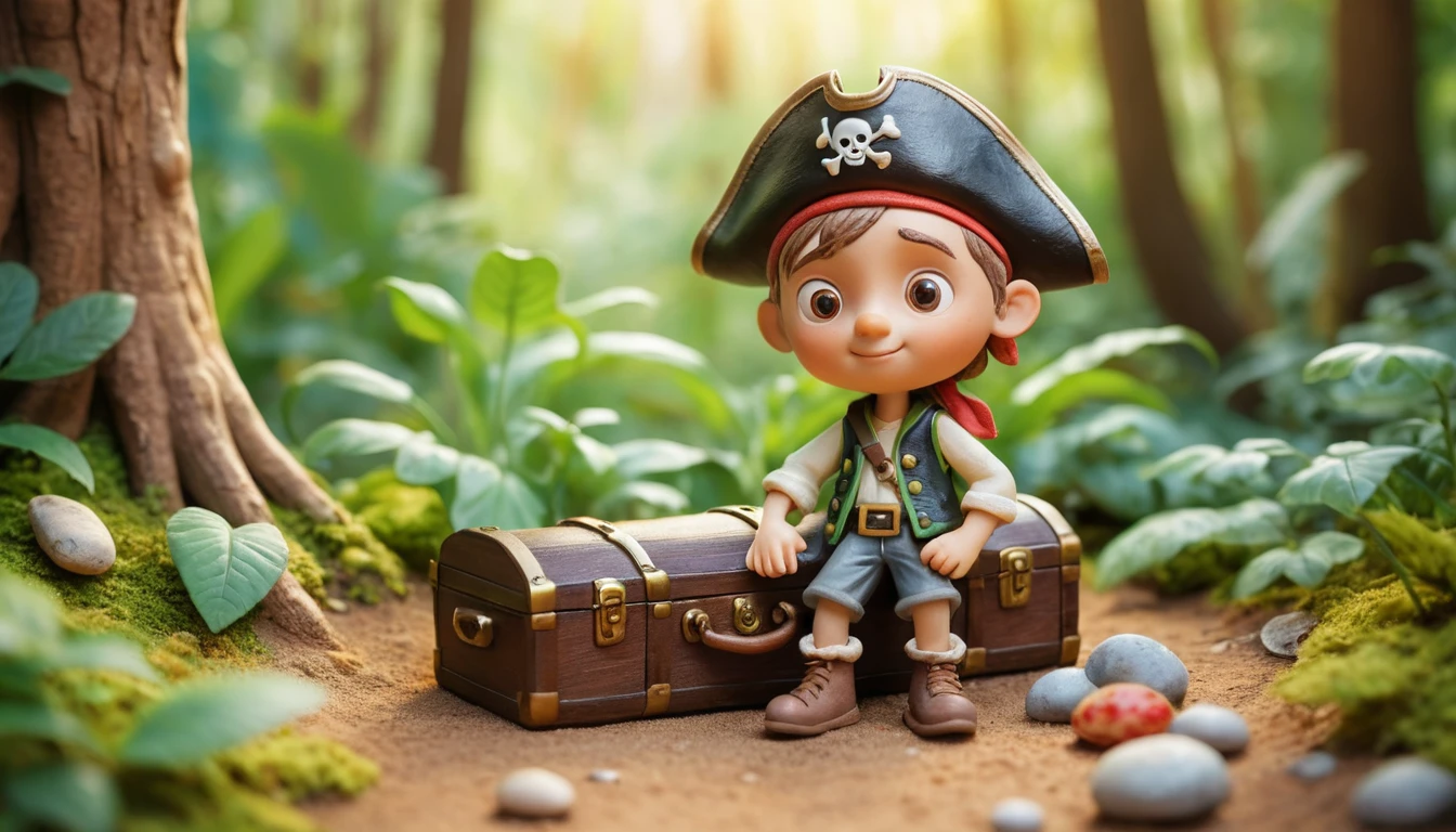 Joyful clay children on summer vacation in a forest