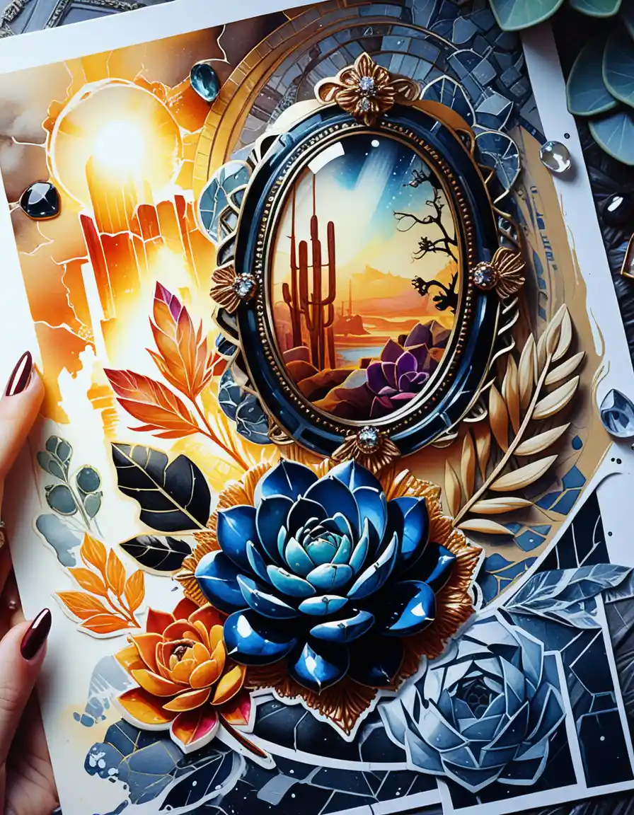 Colorful gemstone jewelry with succulents in bold sticker style