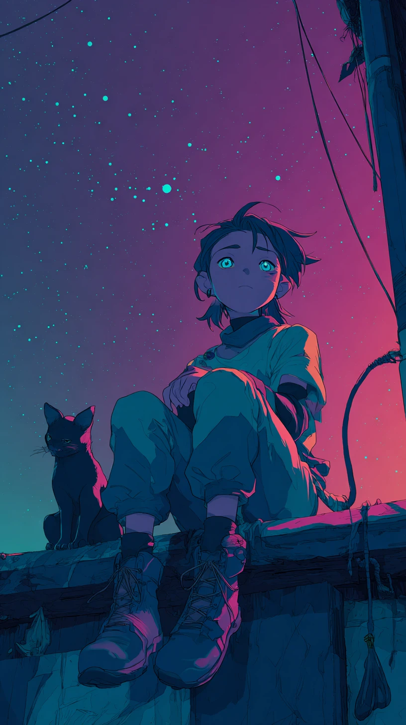 Chica de anime y gato descansando juntos en una noche tranquila