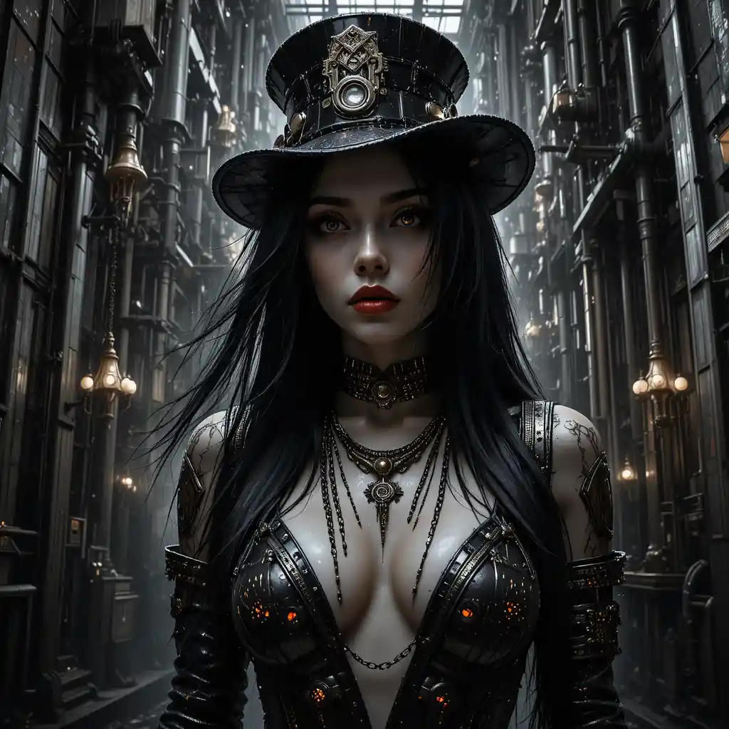 Cyberpunk femme fatale in dramatic noir close up portrait