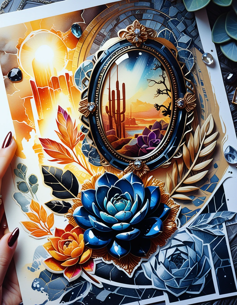 Colorful gemstone jewelry with succulents in bold sticker style