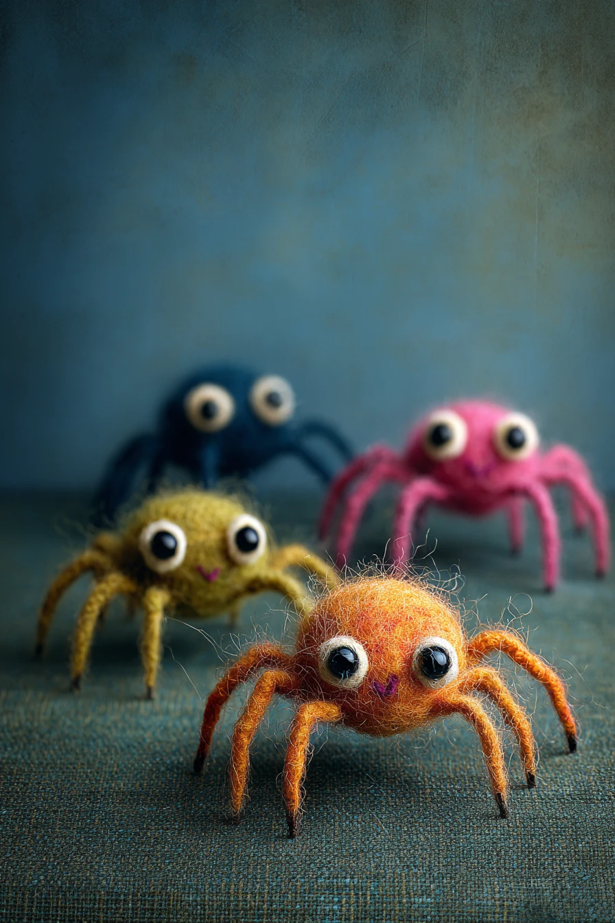 Colorful felt spiders in a moody minimalist living room