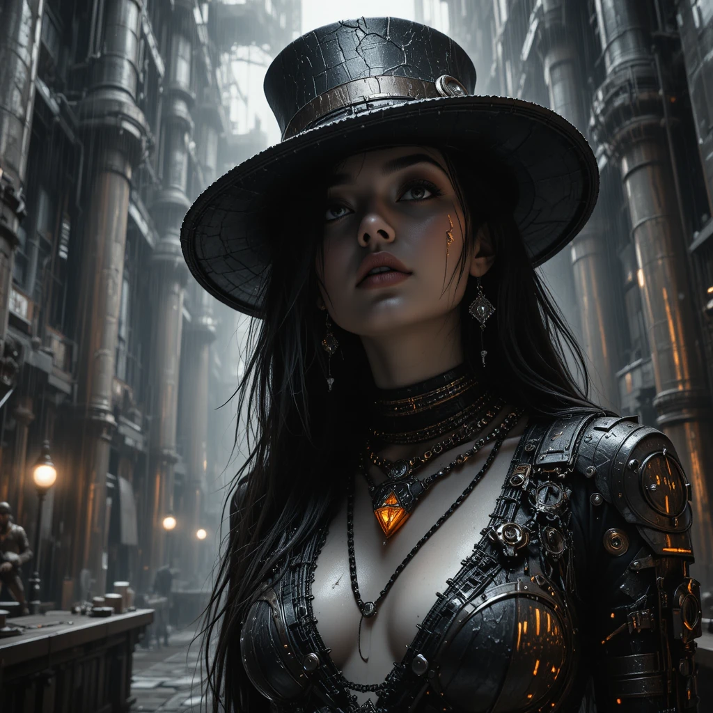 Cyberpunk femme fatale in noir close up with amber glow