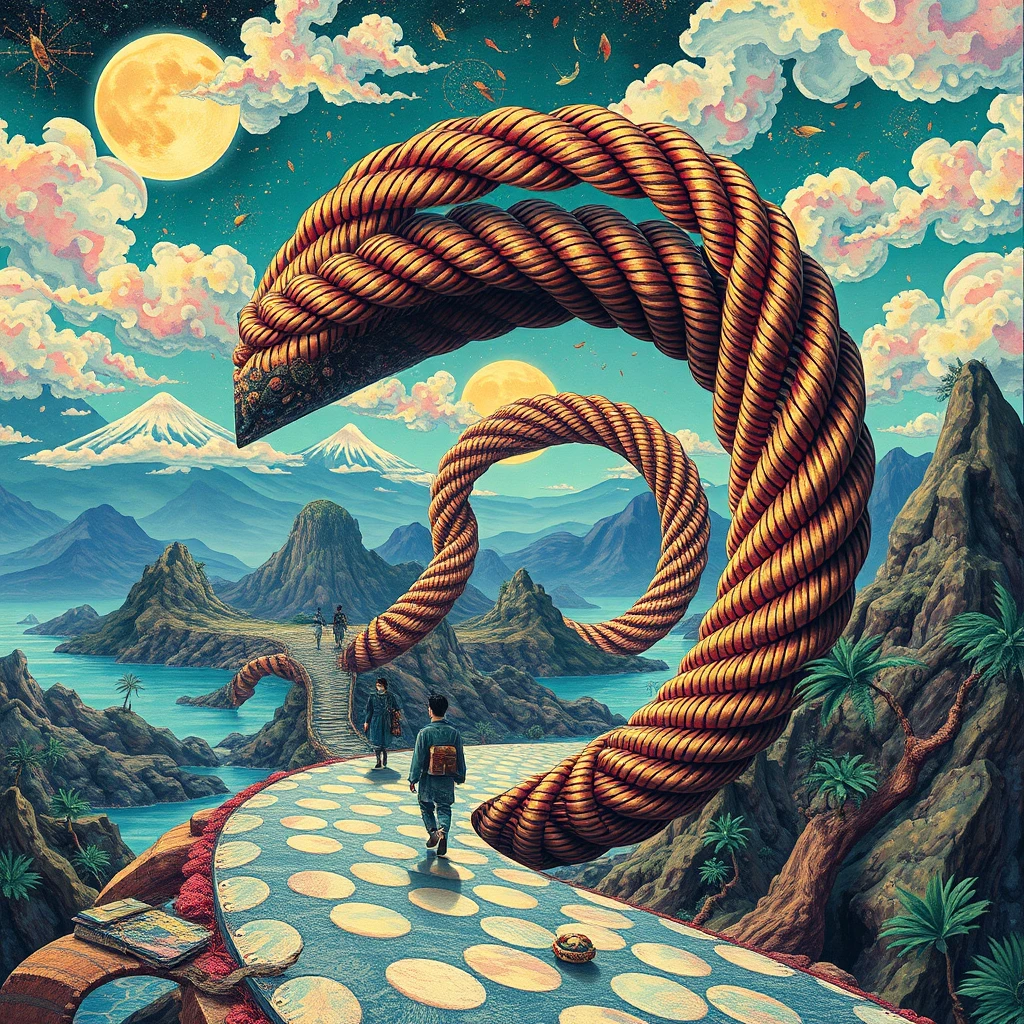 Optical illusion collage with fractal forms and surreal landscape