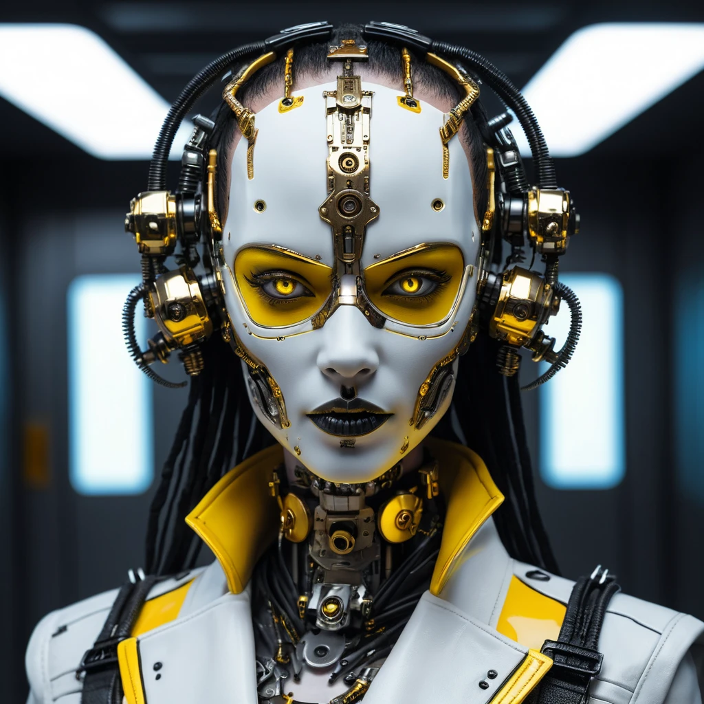 Cyberpunk cyborg woman with chrome jaw and circuitry tattoos