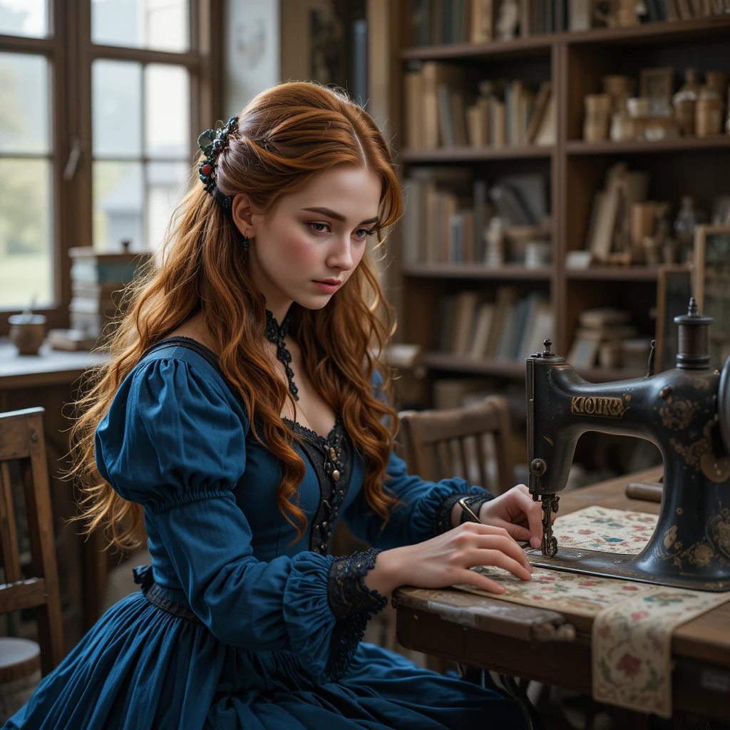 Pale european woman weaving tapestry in gothic blue dress