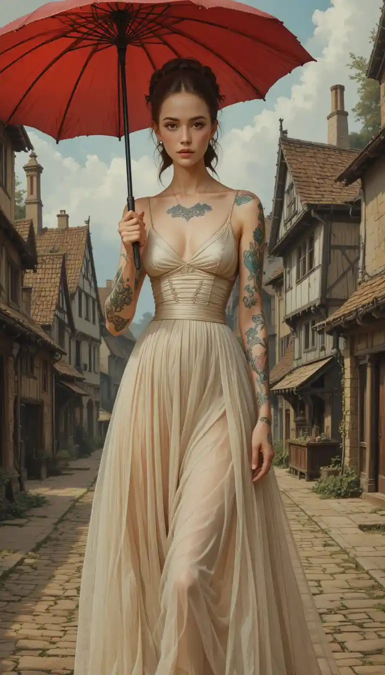 Tattooed medieval woman with red umbrella in village square