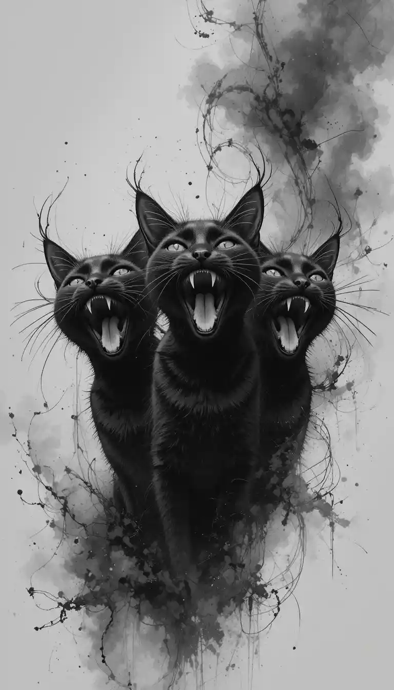 Three black cats screaming in a stark monochrome drawing