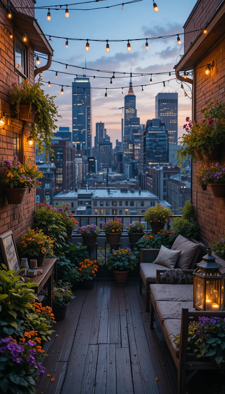 Cozy balcony garden glowing above the city at dusk