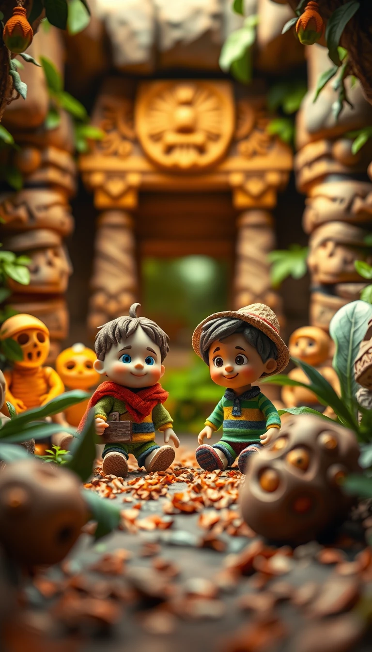 Playful children exploring a jungle temple courtyard