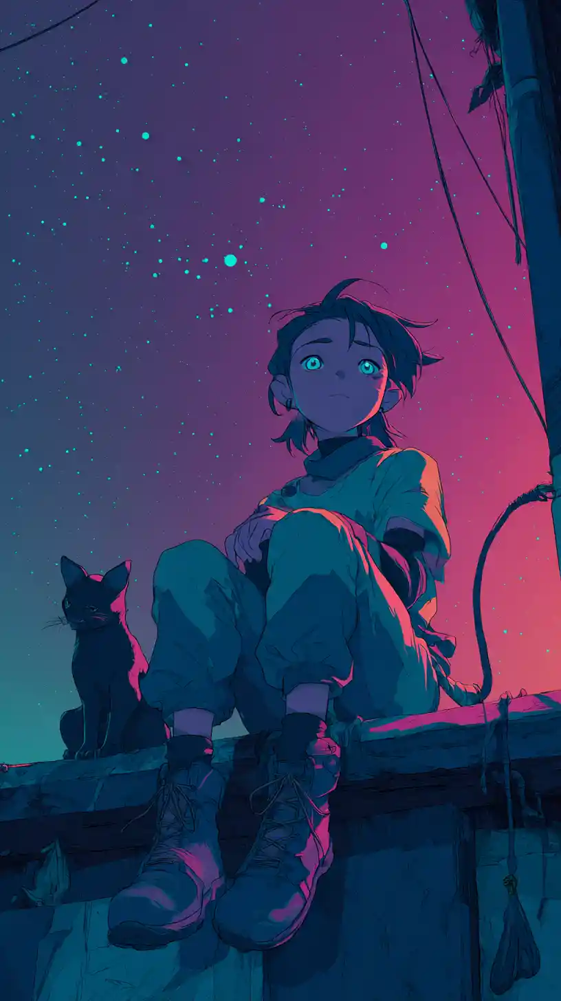 静かな夜に一緒にくつろぐアニメ風の少女と猫