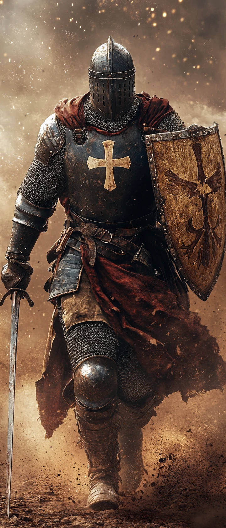 Medieval knight striding through dust in dramatic armor