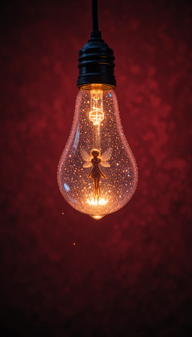 Glowing Edison bulb with tiny fairy against red background