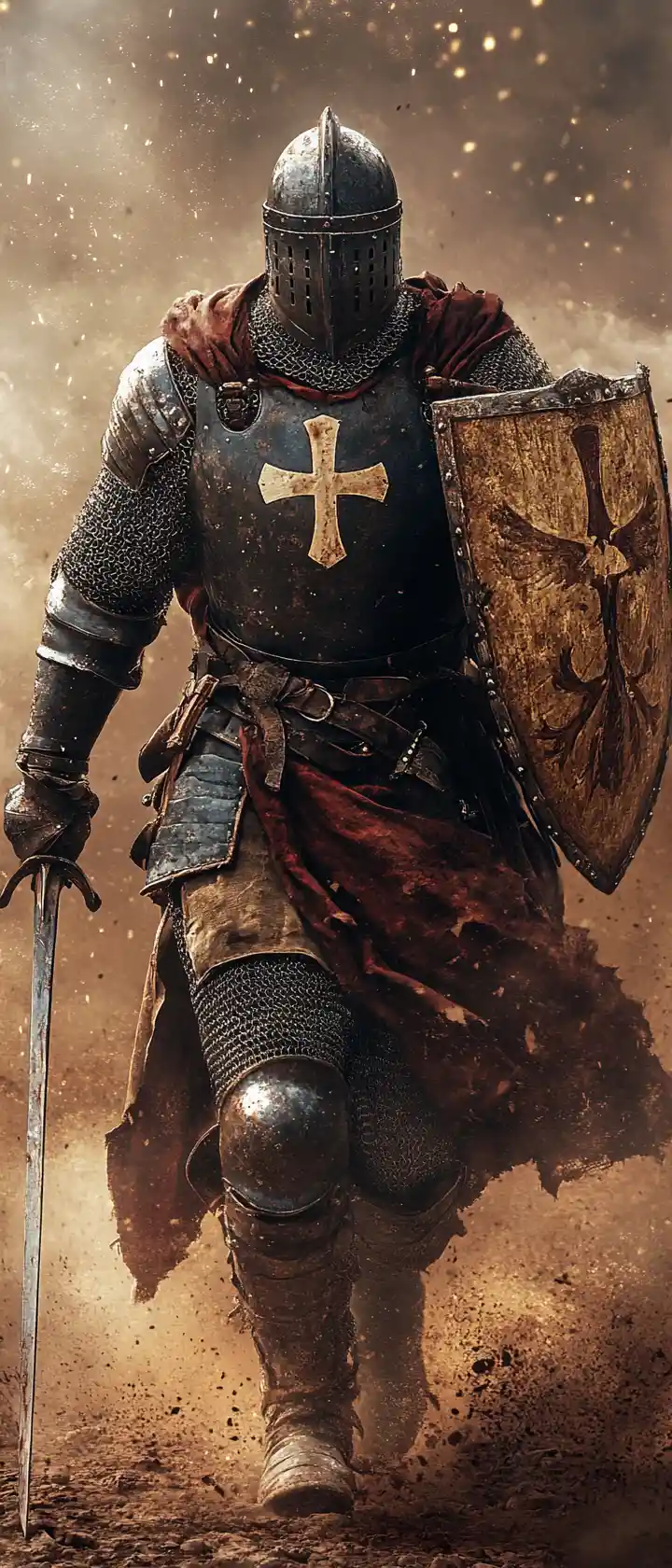 Cavaliere medievale che avanza nella polvere con un’armatura drammatica