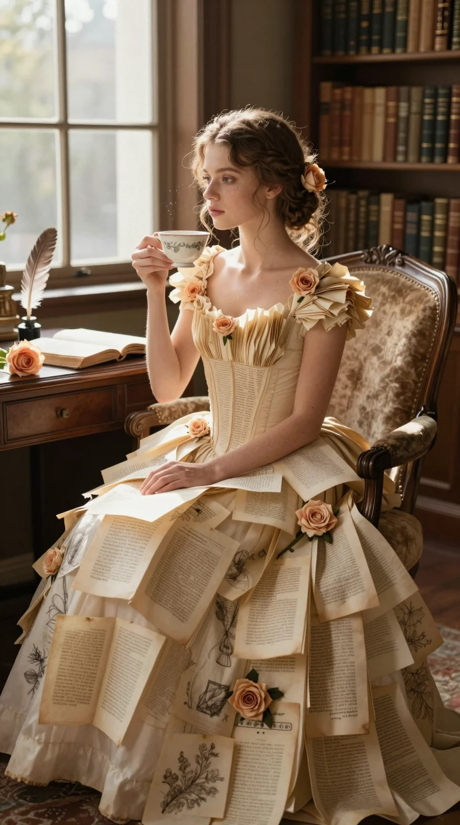 Woman In Paper Gown Sitting In Sunlit Vintage Library