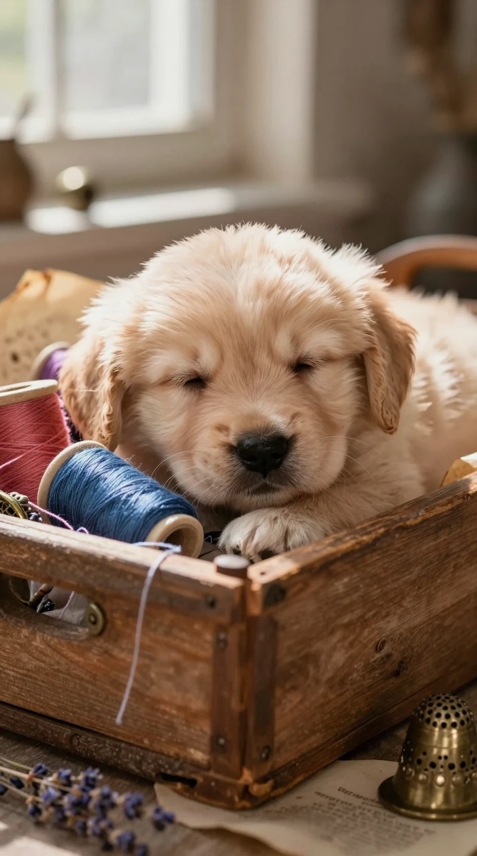 Cucciolo di golden retriever che dorme in un cesto da cucito rustico