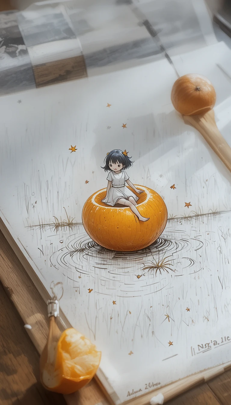 Whimsical girl floating on a tiny orange drawing