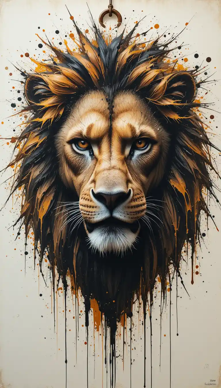 Abstract lion head emerging from violent paint strokes