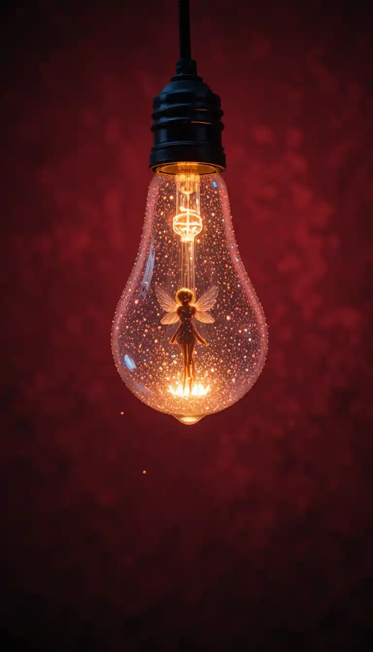 Glowing Edison bulb with tiny fairy against red background