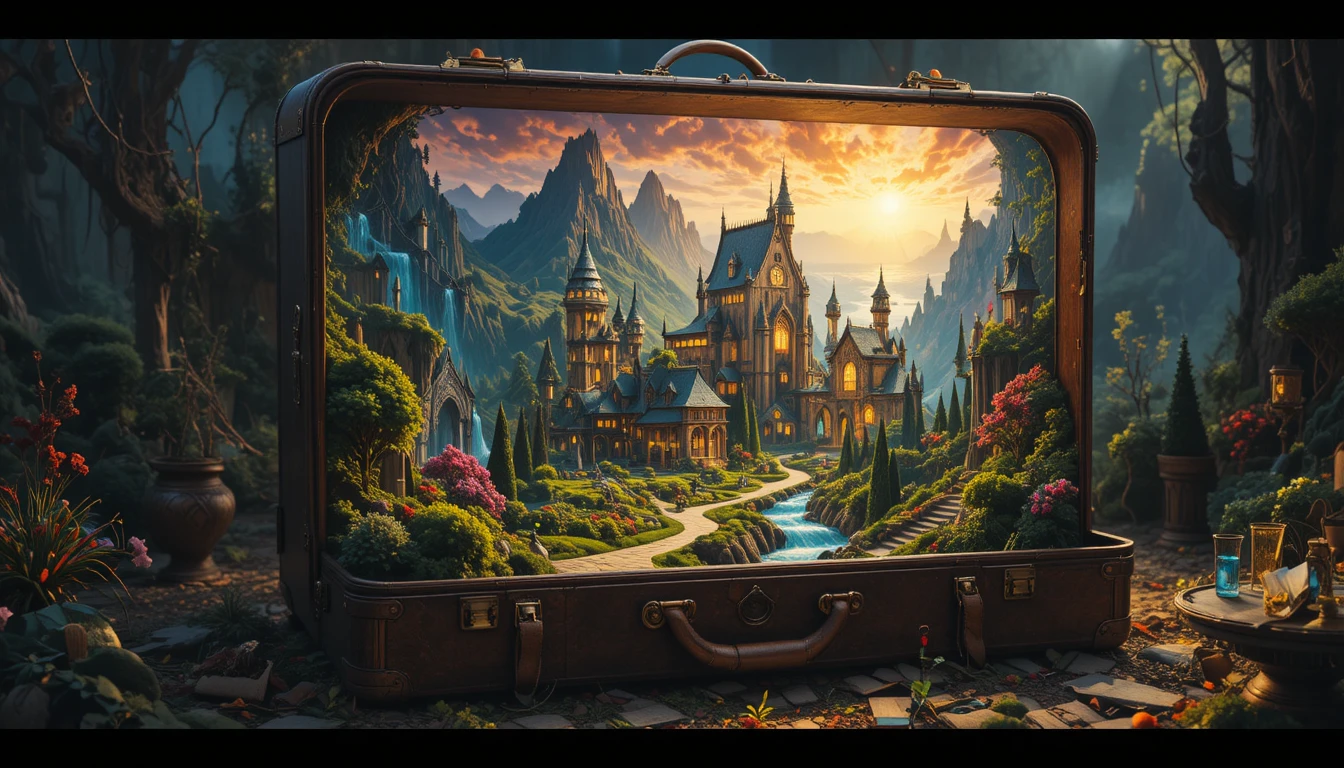Surreal suitcase opening onto a luminous fantasy city