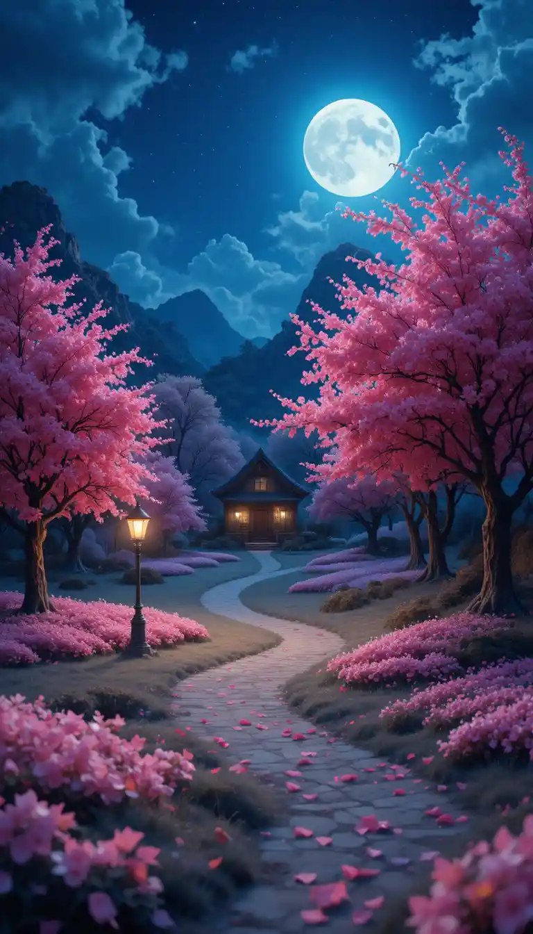 Sentiero notturno magico in stile anime sotto ciliegi in fiore al chiaro di luna