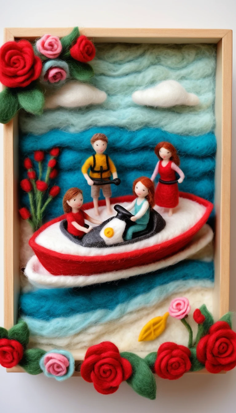 Whimsical felted family sailing a boat by the beach