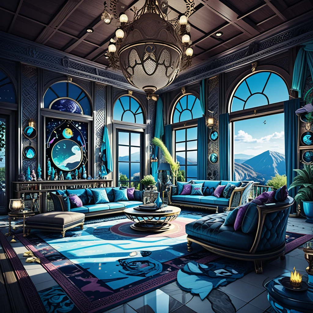 Luxurious fantasy villa interior in a serene mountain world