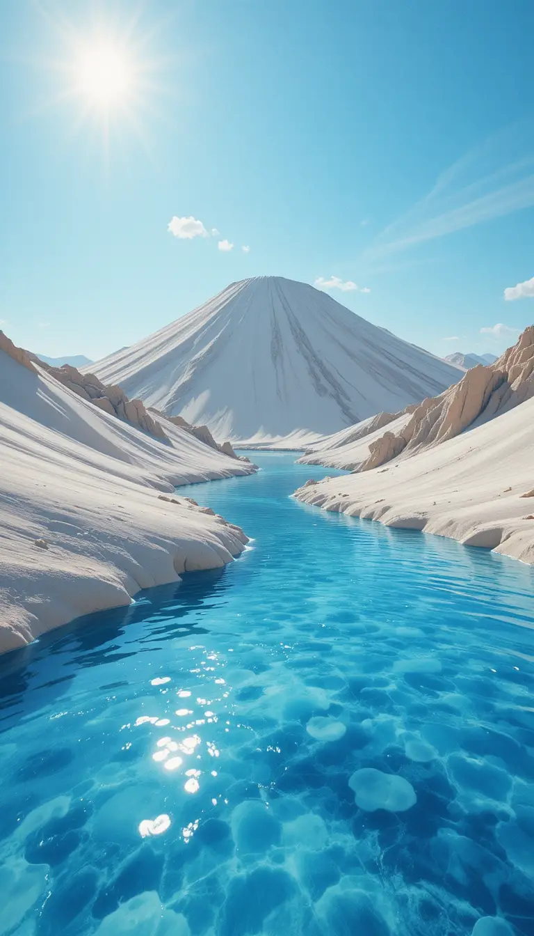 Surreal blue river flowing through a bright sandy desert