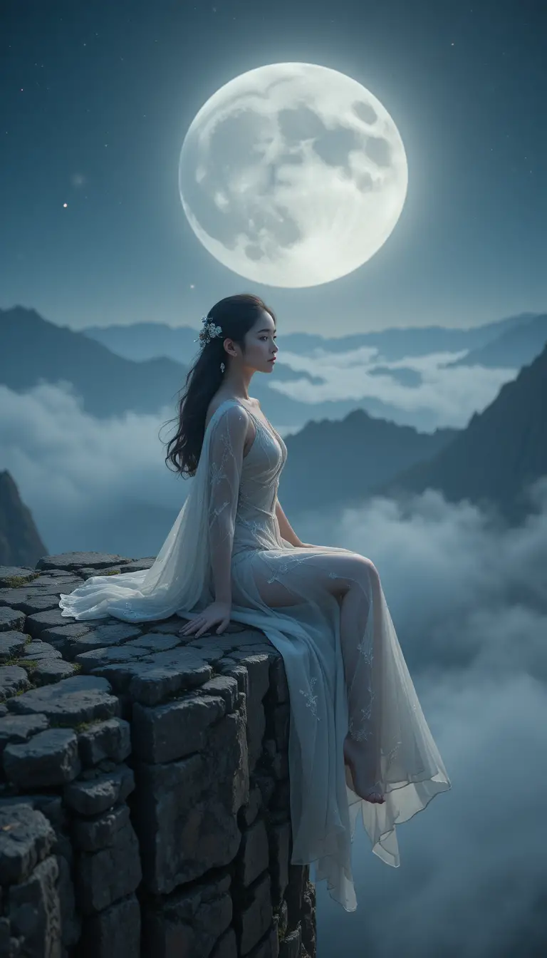 Young woman on a moonlit cliff in serene night