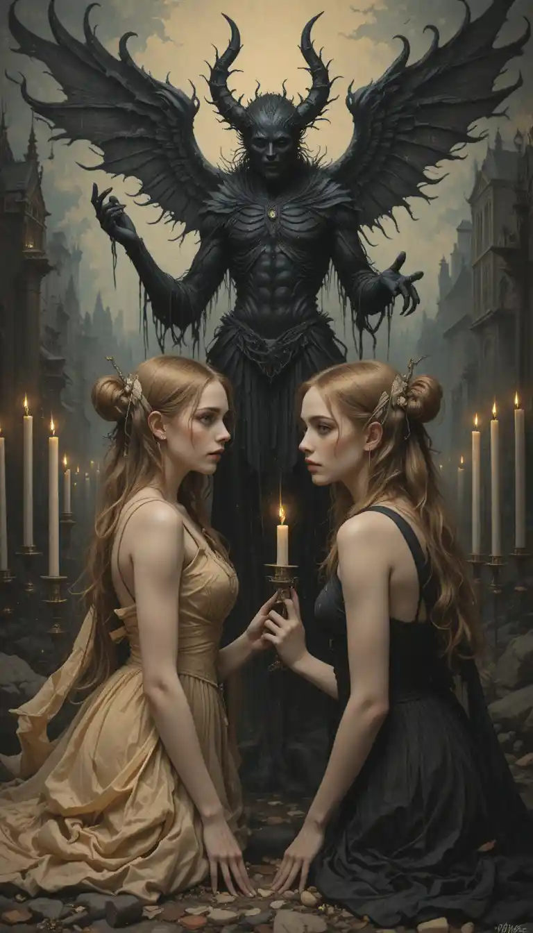 Girl in side view at candlelit occult horror ritual