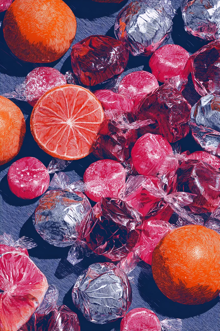 Caramelos de fruta surrealistas en audaz estilo anime risograph