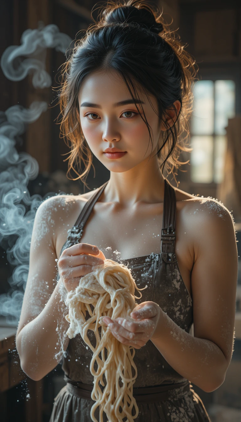 Young woman lifting fresh noodles in rustic kitchen light